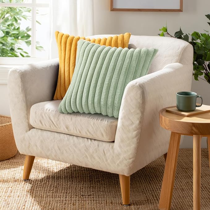 Pallene Faux Fur Plush Throw Pillow Covers 20x20 Set of 2, Luxury Soft Fluffy Striped Decorative Pillow Covers for Sofa, Couch, Living Room, Mustard Yellow