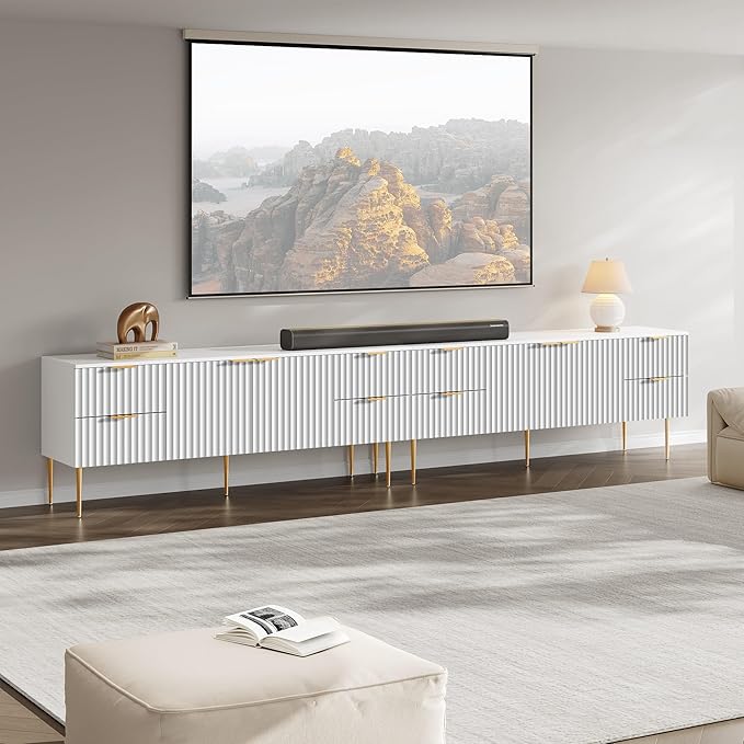 SICOTAS TV Stand for 55/60/65/70 Inch TV - 62 Inch TV Stands for Living Room Entertainment Center with 4 Drawers, Fluted Modern TV Media Console Television Cabinet for Bedroom (White, 2 Pieces)