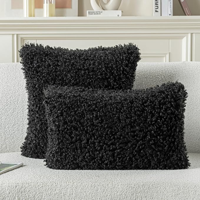 FUTEI Black Decorative Throw Pillow Covers 16x16 Inch Set of 2,Soft Fluffy Faux Wool Fur Boucle Textured Cushion Case,Modern Home Decor for Couch Bed Living Room Office