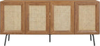 NTC MOSSIC Modern Sideboard with 4 Doors, Natural Rattan Storage Cabinet, Buffet with Metal Legs, Boho Accent Cabinet for Living Room, and Entryway, Effortless Assembly, Teak Look
