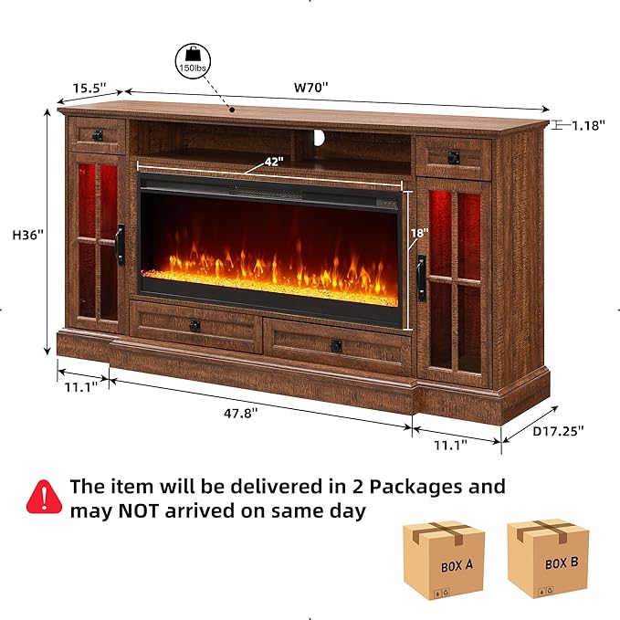 OKD Fireplace TV Stand for 80 Inch TV, Farmhouse Entertainment Center with 42" Fireplace & LED Lights, Modern Media Console Table with Storage Drawers & Cabinets for Living Room, Reclaimed Barnwood