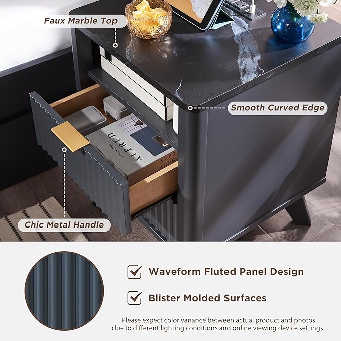 T4TREAM Fluted Nightstand Set of 2 with Charging Station, 18" Modern SideTable with Faux Marble Top, 2 Drawer End Table w/Storage, Bedside Table for Bedroom, Living Room, Curved Profile, Dark Grey