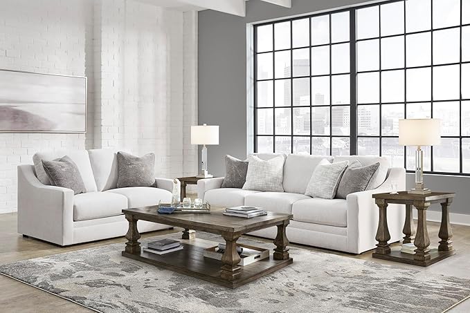 Signature Design by Ashley Maitelynn Contemporary Sofa with Accent Pillows, Reversible Cushions and Sloped Arms, Light Gray