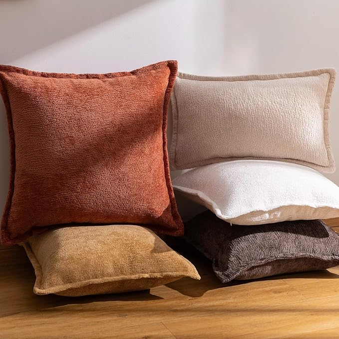 Beige Decorative Throw Pillow Covers 24x24 Inch Set of 2 Cozy Soild Chenille Cushion Cases Soft Textured Square Couch Pillows Cover Boho Accent Farmhouse Pillowcases for Sofa Bed