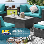 NICESOUL 7 Piece XL Large Modern Outdoor Furniture Sofa Set, 29.3'' High Back Wicker Patio Modular Sectional with Tables, All-Weather Deep Conversations for Backyard, 2 Color Cushion Turquoise & Gray