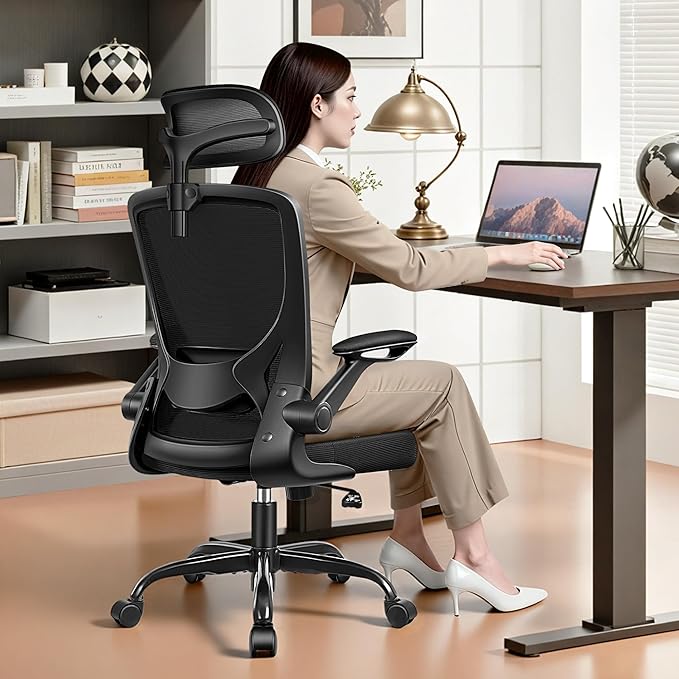 Ergonomic Office Chair, High Back Mesh Desk Chair with Lumbar Support, Flip-up Armrests, Adjustable Headrest, Computer Gaming Chairs for Long Hours, Black