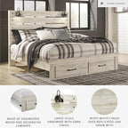Signature Design by Ashley Cambeck Farmhouse King Panel Bed with 2 Storage Drawers, Sconce Lights and USB Ports, Foundation or Box Spring Needed, Whitewash