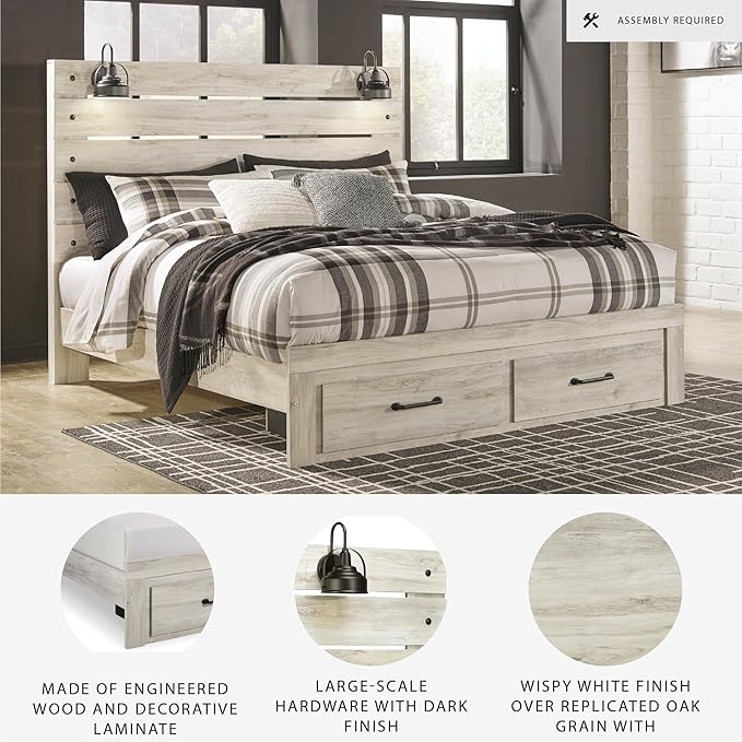 Signature Design by Ashley Cambeck Farmhouse King Panel Bed with 2 Storage Drawers, Sconce Lights and USB Ports, Foundation or Box Spring Needed, Whitewash