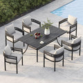 Grand patio Outdoor Dining Set, 7-Piece Patio Table and Chairs Set, Metal Woven Wicker Fixed Patio Chairs with Thickened Cushions & 1 Rectangular Woodgrain Dining Table with Umbrella Hole (Black)