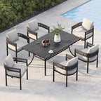 Grand patio Outdoor Dining Set, 7-Piece Patio Table and Chairs Set, Metal Woven Wicker Fixed Patio Chairs with Thickened Cushions & 1 Rectangular Woodgrain Dining Table with Umbrella Hole (Black)