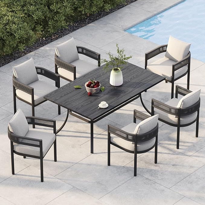 Grand patio Outdoor Dining Set, 7-Piece Patio Table and Chairs Set, Metal Woven Wicker Fixed Patio Chairs with Thickened Cushions & 1 Rectangular Woodgrain Dining Table with Umbrella Hole (Black)