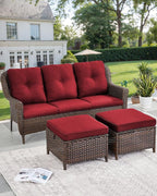 Patio Couch Outdoor Wicker Sofa - Heavy Duty All-Weather Brown Rattan 3-Seater with High Back and Comfortable Thick Cushions for Garden Back Porch Poolside Apartment - Red