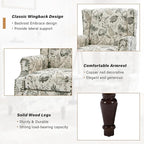 Floral Wingback Accent Chair, High Back Upholstered Armchair, Comfy Fabric Wingback Arms Chairs with Retro Solid Wood Legs, Single Sofa Reading Chair for Bedroom Living Room, Plants Beige