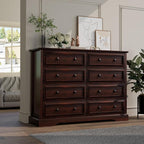Farmhouse 8 Drawer Dresser for Bedroom, 54" Wide Wood Dresser with Natural Texture, Vintage Metal Double Hand Knobs, Rustic Chest of Drawers for Bedroom, Living Room, Hallway, Cherry
