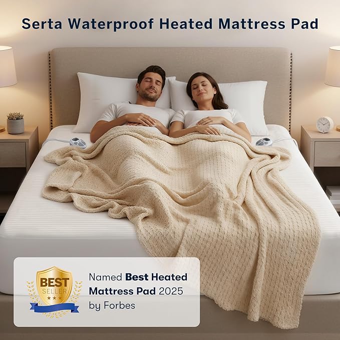 Serta Waterproof Heated Mattress Pad - Electric Bed Warmer with 10 Heat Settings, Auto Shut Off Timer, ETL Certified Electric Mattress Pad, Elastic Deep Pocket, Machine Washable, White Full