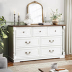 Farmhouse 7 Drawer Dresser for Bedroom, 52" Wide Rustic Chest of Drawers with Retro Handle, White Dresser with Natural Texture, Wood Vintage TV Stand for Living Room, Hallway, Antique White