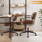 Home Office Desk Chair, Mid-Century Style Desk Chair with Padded Arms, Adjustable Seat Height, Mid Back 360° Small Computer Chair with Mobile Mute Wheel, PU Leather (Brown)