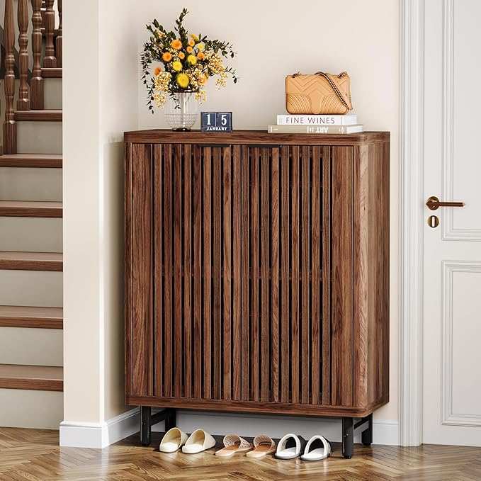 Tribesigns 6-Tier Farmhouse Shoe Cabinet with Shutter Doors, Wooden Shoe Organizer Rack with Adjustable Shelves, Modern Large Hidden Storage Furniture for Entryway, Hallway (Brown&Black)
