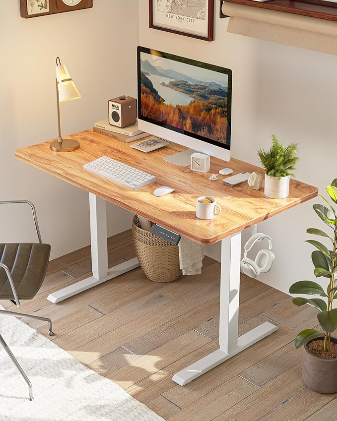 FEZIBO One-Piece Standing Desk Adjustable Height Stand up Home Office Desk, 48x24 Inch Electric Standing Computer Desk, with 4 Memory Presets, Headphone Hook, Light Rustic