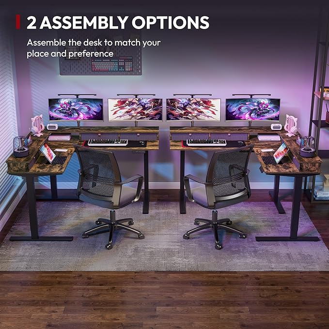 SANODESK 63" L Shaped Standing Desk with 4 Drawers, Height Adjustable Stand up Desk, Corner Gaming Desk with Monitor Stand, Black Frame/Rustic Brown Top