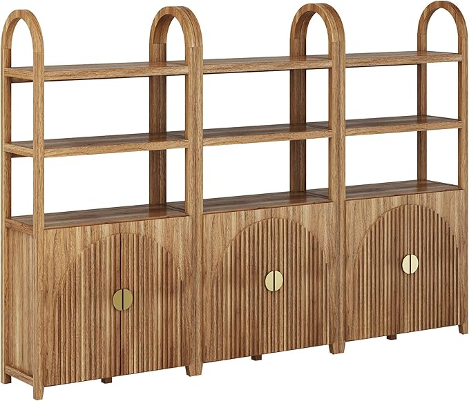 BELLEZE Book Shelf 72" Tall Arched Bookcase with Storage, 5 Tier Mid Century Modern Fluted Bookshelf with Doors, Modular Bookshelves for Living Room Office Library, Set of 3 (Caramel Brown)