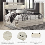 Signature Design by Ashley Cambeck Farmhouse King Panel Platform Bed with 4 Storage Drawers, Cubbies, Sconce Lights and USB Ports, Foundation or Box Spring Not Needed, Whitewash