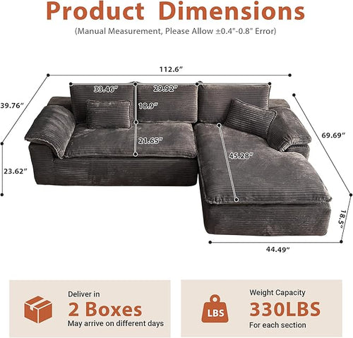 113 in Oversized Cloud Sofa with L Shape Chaise, Sectional Couches for Living Room, Assembly Free Modular Comfy Corduroy Sofa with Right Facing Chaise Longue for Home Apartment (Right Chaise, Gray)