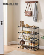 SONGMICS Shoe Rack, 4-Tier Shoe Organizer, Metal Storage Shelf, Upright or Upside Down, for 10-15 Pairs, Stackable, for Entryway, 11.8 x 26.8 x 29.5 Inches, Black ULSA204B01