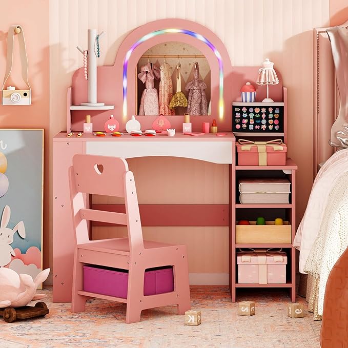Costzon Kids Vanity, Girls Vanity Set with Lighted Mirror, Bookshelf, Jewelry Storage, Toddler Makeup Vanity Desk Dressing Table, Wooden Kids Vanity Table and Chair Set (Pink)