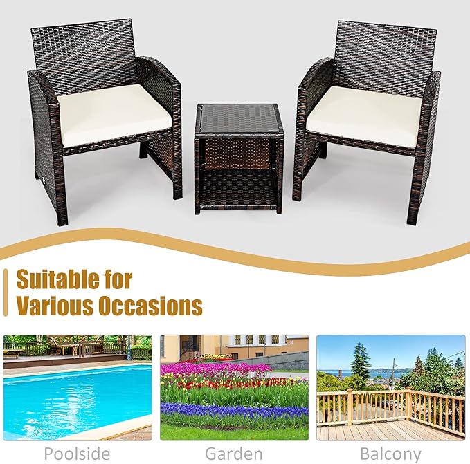 COSTWAY 3 Pieces Patio Furniture Sets, Outdoor Rattan Conversation Set with Tempered Glass Tabletop and Soft Cushion, Wicker Cushioned Chair Sofa for Backyard, Porch, Poolside, Lawn, White