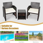COSTWAY 3 Pieces Patio Furniture Sets, Outdoor Rattan Conversation Set with Tempered Glass Tabletop and Soft Cushion, Wicker Cushioned Chair Sofa for Backyard, Porch, Poolside, Lawn, White