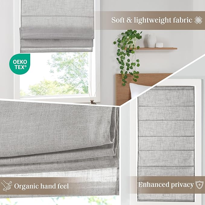 Madison Park Kyler Cordless Roman Shades - Single Panel, Lightweight Linen Blend Fabric, Natural Design, Easy Installation, Light Filtering Window Blind, Bedroom, Living Room Decor 31" W x 64" H Grey