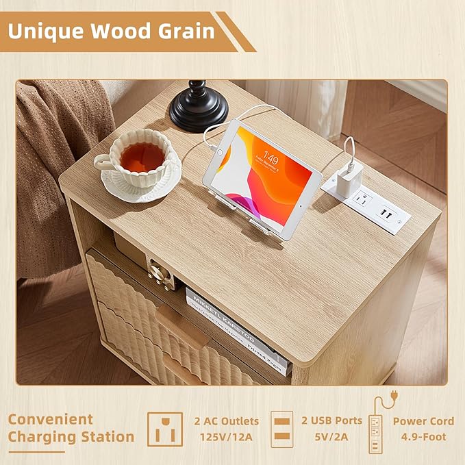 LEYAOYAO Fluted Farmhouse Nightstand Set of 2 with Charging Station, 23" Wide 2 Drawers End Table,Natural Dresser for Bedroom,Bed Side Table Chest of Drawers Cabinet,Wood Night Stand for Living Room