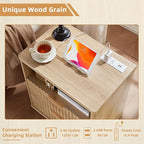 LEYAOYAO Fluted Farmhouse Nightstand Set of 2 with Charging Station, 23" Wide 2 Drawers End Table,Natural Dresser for Bedroom,Bed Side Table Chest of Drawers Cabinet,Wood Night Stand for Living Room