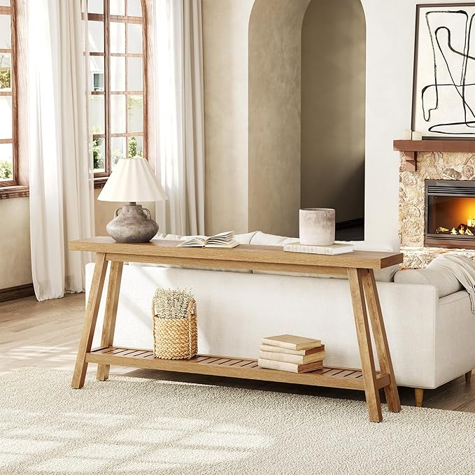 LITTLE TREE 70.9 Inches Extra Long Console Table for Entryway, 2-Tier Narrow Wood Sofa Table Behind Couch, Large Sofa Table for Living Room, Light Brown Hallway Entry Table with Storage