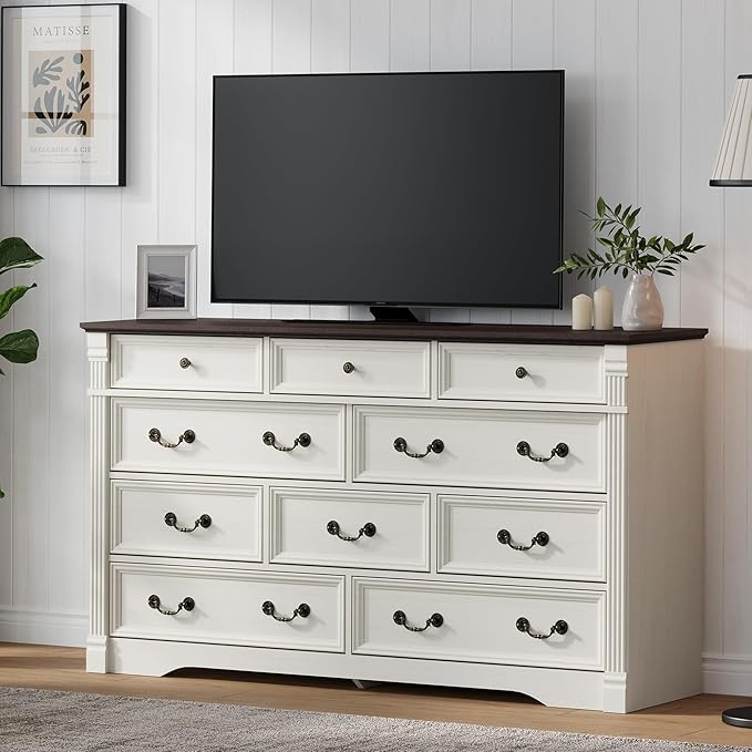 Yaamizz 60" Wide 10 Drawer Dresser Storage for Bedroom, Farmhouse Dresser with Wood Pilasters & Metal Handles, Drawer Organizer for Bedroom, Vintage Design, Hallway, White