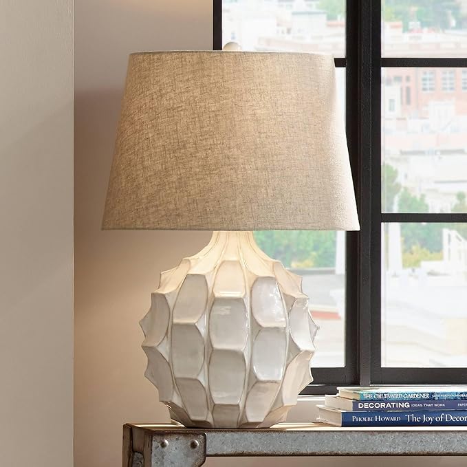 Possini Euro Design Cosgrove Mid Century Modern 3-Way Table Lamp with Table Top Dimmer 26.5" High White Glazed Ceramic Light Brown Linen Drum Shade for Living Room Bedroom House Bedside Nightstand