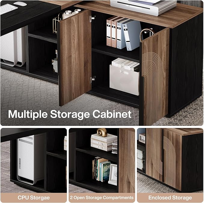 Tribesigns 74.8 Inch Executive Desk, Large Office Desk with Cabinet, L Shaped Computer Table with Shelves and CPU Storage, Modern Home Office Desks Business Furniture Workstation Set