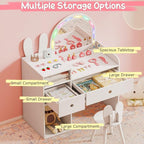 Costzon Kids Vanity, Girls Vanity Set with Mirror and Stool and Lights, Drawers & Storage Compartments, Toddler Makeup Vanity Desk Dressing Table, Wooden Kids Vanity Table and Chair Set (White)