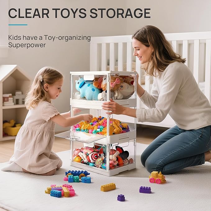 Vtopmart 4 Pack Clear Stackable Storage Bins with Lids 24QT, Foldable Storage Boxes with Doors Open Front, Plastic Containers for Closet, Craft, Toys, Pantry Organization