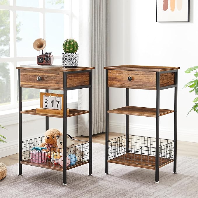 VECELO Tall End Side Tables,27 Inch Night Stand with U-Shape Basket and Storage Drawer/Shelf for Living Room/Bedroom/Small Spaces,Set of 2,Brown