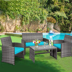 COSTWAY Patio Furniture Set 4 Pieces, Outdoor Wicker Chairs Sofa w/Coffee Table and Soft Cushions, Rattan Conversation Sets for Patio Lawn Backyard Yard Pool Garden, Turquoise