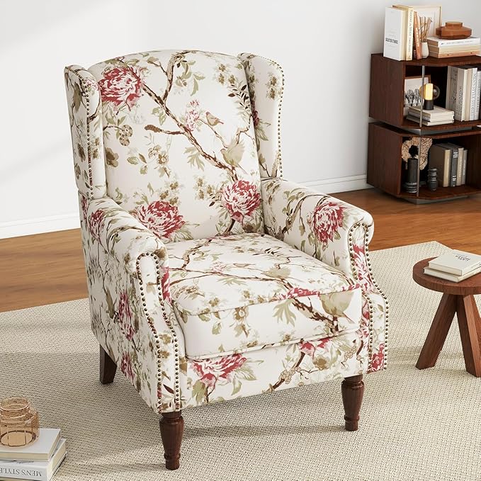 UIXE High Back Accent Chair, Fabric Upholstered Armchair for Living Room, Floral Printed Wingback Arm Chair with Solid Wood Legs, Retro Nailhead Trim Single Sofa Bedroom Reading Seat - Beige