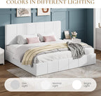 SHA CERLIN King Size Bed Frame, Velvet Upholstered Platform Bed, Vertical Channel Tufted Adjustable Headboard, Low Profile Bed Frame, No Box Spring Needed, Easy Assembly, White