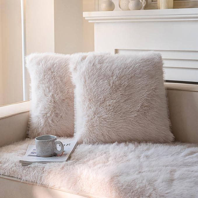 Neelvin Beige Faux Fur Cozy Fluffy Double-Sided Decorative Throw Pillow Covers 20x20 inch Set of 2,Velvet Pillowcase Cushion Case for Sofa Couch