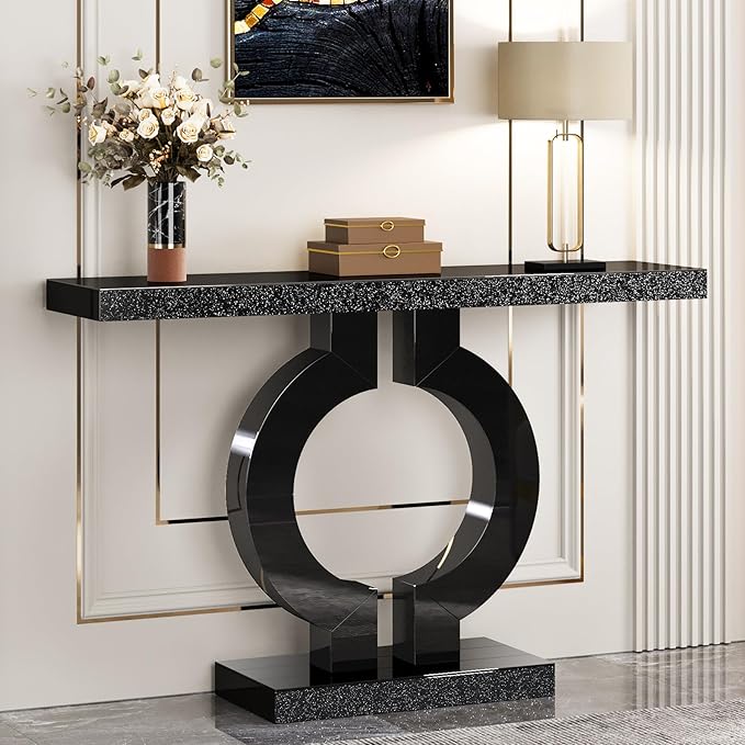 Tribesigns Modern Mirrored Console Table, Glass Sofa Table with Mirror Finish, 43-Inch Entryway Table with O-Shaped Base, Rectangular Accent Foyer Table for Living Room Hallway Entrance (Black)