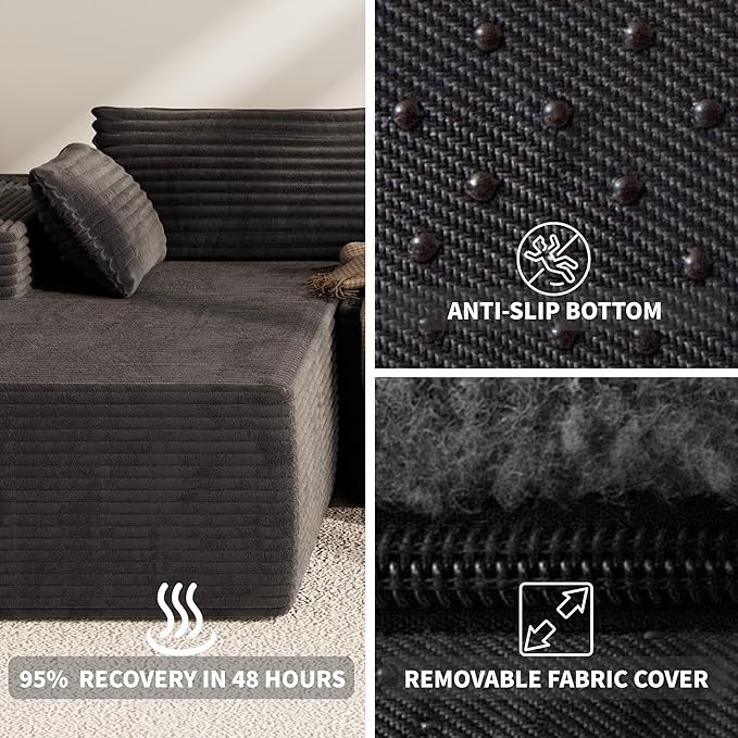 Kingdura 105.5'' Cloud Sectional Couch with L-Shape Chaise, Black Modern Modular Sofa with Deep Seat, Corduroy Fabric, No Assembly Required, Upholstered Couches for Living Room Bedroom