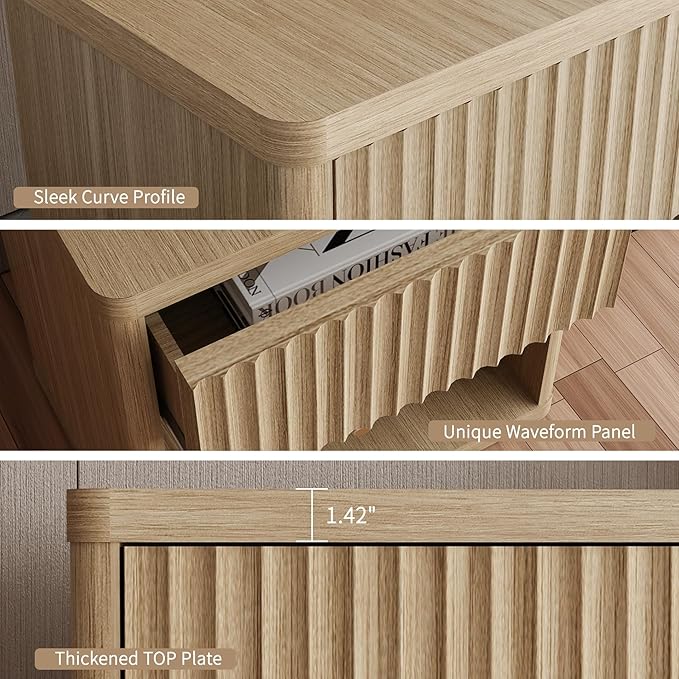 Large Modern Nightstand with Drawer Storage 22.8Inch Wide Fluted Bedside Table End Table for Bedroom, Living Room, Sofa, Couch, Home Office，Mid Century Bed Stands, Natural Color