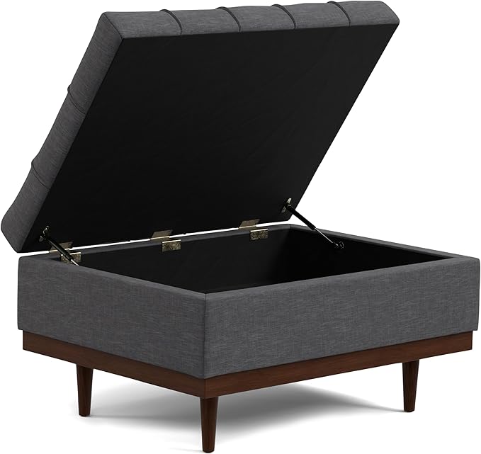 SIMPLIHOME Mariah 34 inch Wide Contemporary Rectangle Coffee Table Storage Ottoman in Slate Grey Polyester Linen, Assembled, For the Living Room, Entryway and Family Room