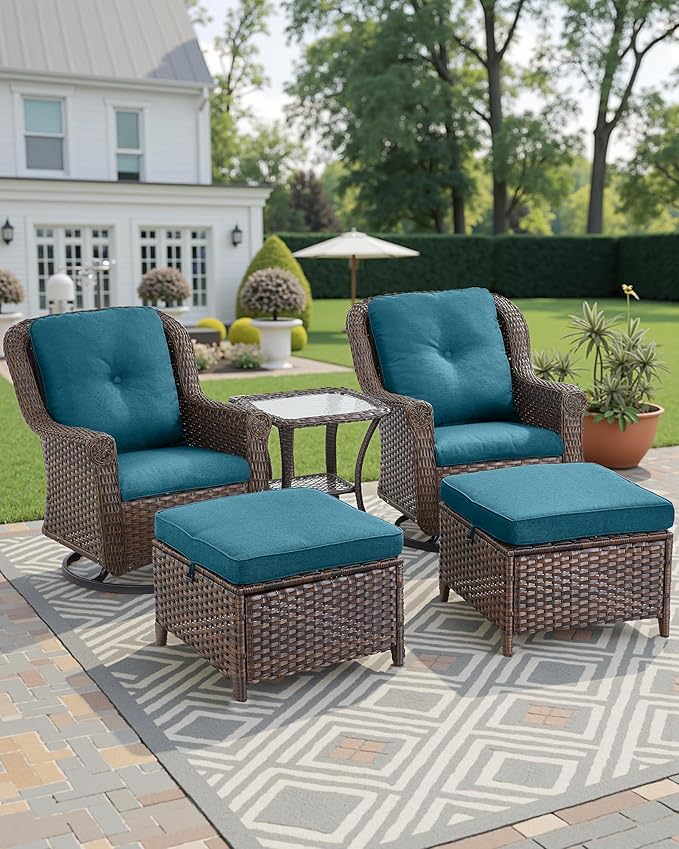 3 Piece Patio Swivel Chairs and Side Table Set - High Back Outdoor Brown Wicker Rattan Rocking Glider with Thick Cushions for Porch Apartment Deck Yard Poolside Garden - Peacock Blue